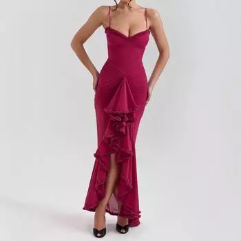 European and American sexy mesh suspender pleated irregular design women s dress S красный