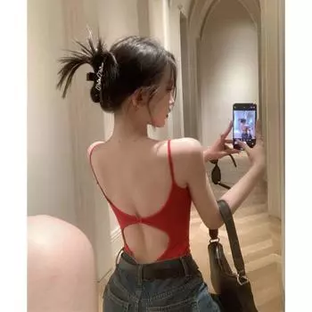 European and American Sexy Red Backless Bodysuit Women s Summer Sexy Pure Desire Temperament Camisole Vest Inner Match Slim Looking Tops Red S