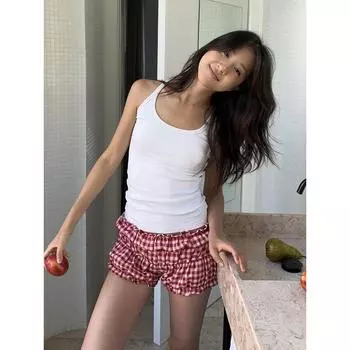 European and American Sexy Sexy Plaid Bud-Waisted Shorts Female 2024 Spring & Fall New Arrival Niche Style Ruched Design Low Waist Mini Underpants Plaid Mini Pants S