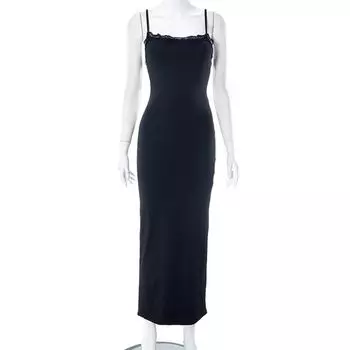European and American Sexy Silm Hip Spaghetti Straps Dress Long Dress Sexy Bodycon Strap Maxi Dress Black L