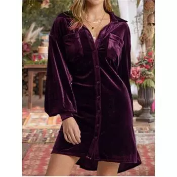 European and American Sexy Slim fit Velvet Long sleeve Shirt Dress Dress Short dress Sexy Velvet Shirt Dress Dark purple M