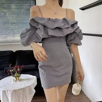 European and American Sexy Sling off-Neck off-the-Shoulder Backless Dress Light Luxury Minority Classy Elegant Fitted Waist Pleated Dress Haze Blue L