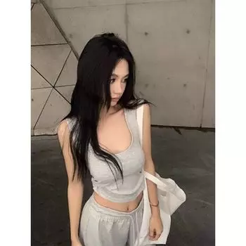 European and American Sexy Style Gray U Collar I-Shaped Vest Women s Summer Sexy Wide Shoulder Strap Short Sleeveless Outerwear Top Grey XS