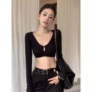 European and American Sexy V-neck Midriff-Baring Jazz Dance Long Sleeves T-shirt Tops XS