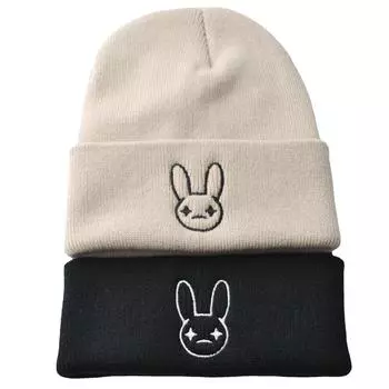 European and American singers bad bunny knitted hat bad rabbit embroidery pullover autumn and winter warm wool cold hat men and women бежевый