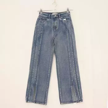 European and American Single Spring and Autumn Women s Clothing High Waist Double Vertical Stripes Slit Versatile Denim 8g-6-4 Blue S