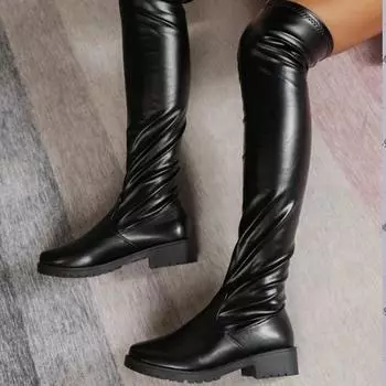 European and American solid color large size knee boots long boots women s flat-bottomed long boots tall Korean version 2025 winter new women s shoes 36 чёрный