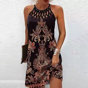Европейское и американское весеннее и летнее повседневное платье без рукавов с сетчатым принтом в этническом стиле для женщин XXXL чёрный