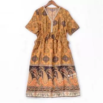 European and American Stitching Ruffled Mulberry Silk A- line Dress with Beads Yellow S