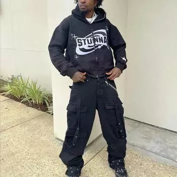 European and American street personalized letter printed zipper men s and women s hoodies M чёрный