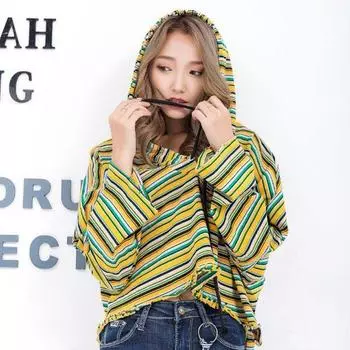 European and American Striped Contrast Color Loose Short Batwing Shirt Sweatshirt Stripes yellow All yards