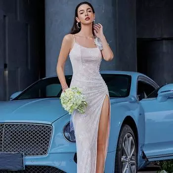 Элегантное модное платье в европейском и американском стиле, сетчатое платье с цветочным принтом, длинное вечернее платье на бретельках-спагетти XS розовый