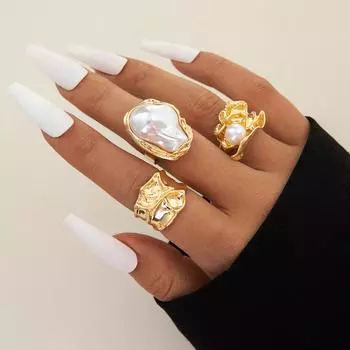 European and American style geometric irregular fashion ring set, personalized design, imitation pearl layered ring ring