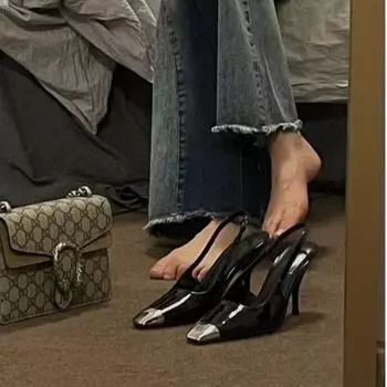 European and American style high-heeled patent leather shoes 2025 new summer sexy square head thin heel metal iron head empty bag head sandals women 35