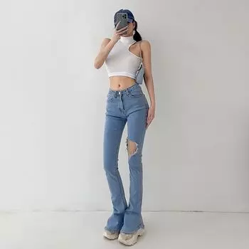European and American-Style Hot Girl Tight Mop Hole Bootleg Pants Blue XS