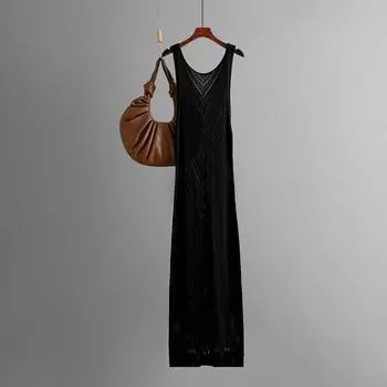 European and American Style Knitted V-neck Hollow-out Beach Cover-up, Sexy Slit Resort Long Dress, Seaside Bikini Cover-up Dress one size