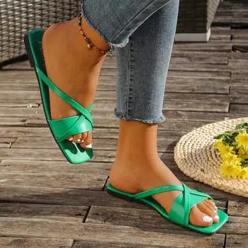 European and American style large size solid color 2025 summer new square head open-toed fashion women s one-word thick-soled slippers 35 оранжевый