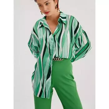 European and American Style Loose Fit Printed Women s Long Sleeve Striped Cardigan Shirt for Autumn S зелёный