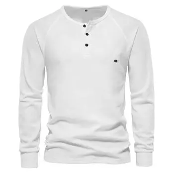 European and American Style Men s Autumn Winter Crew Neck Base Shirt Long Sleeve Waffle T-Shirt Solid Color Pullover S