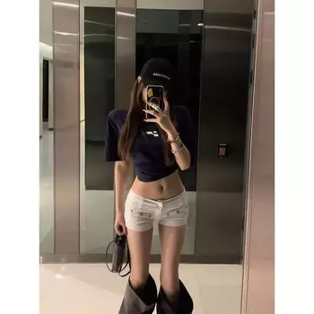European and American Style Millennium Gyaru White Low Waist Demin shorts Women Summer Y2g Sexy Sheath Slim fit Hot Pants Skull White L