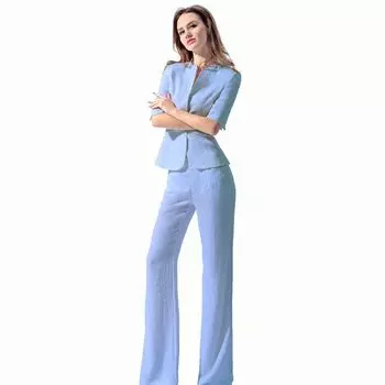 European and American-Style Occupation Pants Spring and Summer White Jacket Suit Sky Blue Suit (Clothes + Pants) Imitation Linen L
