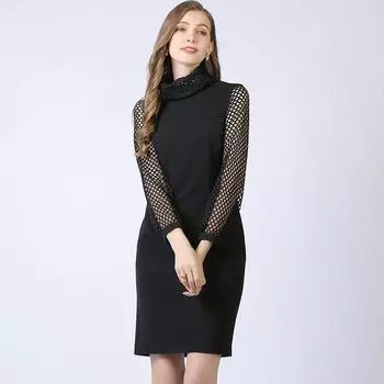 European and American-Style Pile Collar Spring Unique Dress Black L