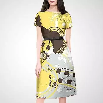 European and American-Style Print Fashion Waist Trimming Slimming A- line Dress Yellow + Brown XL