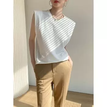 European and American Style Tencel Sleeveless Top Knitted Vest White 160/84A(M)