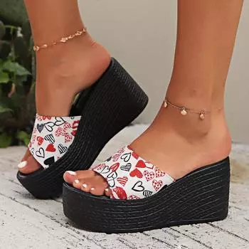 European and American style thick-bottomed round head one-word fashion 2024 new summer color large size women s wedge slippers 36