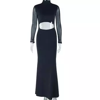 European and American Style Women s Solid Color Dress with Mesh Splicing, Long Sleeved Hollow Out Temperament, Casual Long Skirt L чёрный