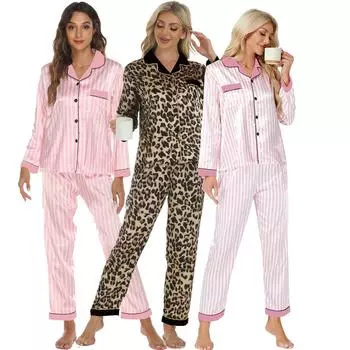 Женская домашняя одежда в европейском и американском стиле на весну и осень, комплект из 2 предметов с длинными рукавами и длинными брюками, модная повседневная домашняя одежда из сатина S