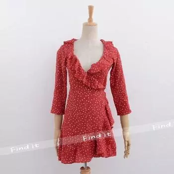 European and American-Style XINGX Ruffled Chest Wrap Slim Looking Dress Red S
