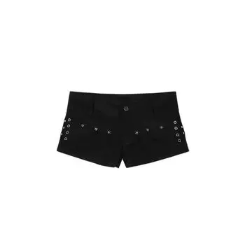 European and American Style Y2g Gyaru Millennium Style Hot Pants Women Low Waist Slim fit Slimming Stretch A Word Denim Ultra Short Pants All-Matching Black pants (no belt) S