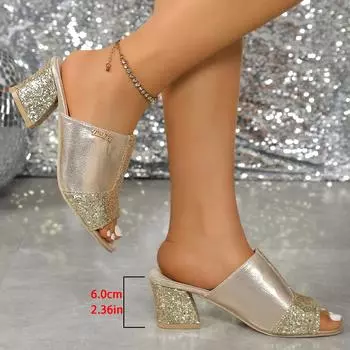 European and American thick-heeled one-word slippers women s foreign trade 2025 summer large-size temperament sequined open-toed medium-heeled cool sl 35