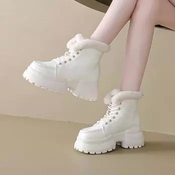 European and American Thick Soled Raised Snow Boots for Women s 2024 Winter New Plush Lace Up Short Boots Zapatillas Mujer Traf 35 чёрный