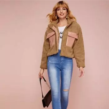 European and American Winter Women s Fashion New Jacket Street Short Lamb Wool Stitching Zipper Jacket XL коричневый