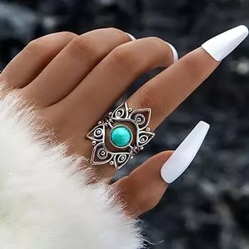 European and American wish new retro exaggerated punk style personality turquoise shield sunflower ring for men and women