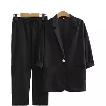 European and American Women s Autumn Cotton and Linen Jacket Pants Pocket Loose Fashion Casual Wear XXXXXL чёрный