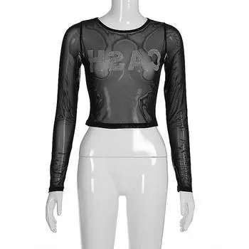 Футболка с длинными рукавами и круглым вырезом в сетку для женщин европейского и американского производства с надписью на груди, стразами S чёрный