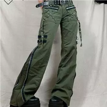 European and American Women s Clothing Casual Wide-Leg Pants with Zipper and Slit Army Green S