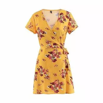 European and American Women s Clothing Printed Lace up Slim Fit Short Sleeve Dress Yellow M