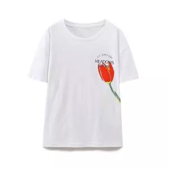 European and American Women s Clothing Summer New Casual Easiest for Match Loose Rose Print White round Neck T-shirt 0264173 250 White S