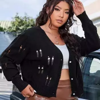 European and American Women s Hollow-out Cardigan Spring and Summer Knitted Sweater S чёрный