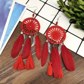 European and Korean temperament dream catcher element earrings female bohemian seaside vacation feathers fringed earrings versatile earrings
