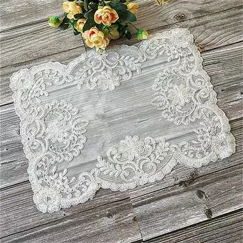 European Classical White Lace Embroidered Rectangular Fruit Dessert Coffee Table Coaster Tea Mat Jewelry Box Antique Cover Cloth 30x43cm