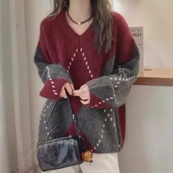 European Diamond Check Raccoon Fleece Sweater for Women - Autumn 2024 Collection, Loose Fit, Versatile and Trendy. Extra Large красный