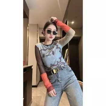 European Goods 2024 Summer New Design Sense Clouds Multicolor Printing Mesh Long Sleeves T-shirt Female Slim Looking Sun Protection Top Picture Color L