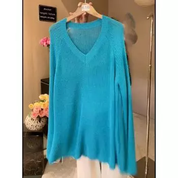 European Goods 2025 Spring/Summer New V-neck Fancy Blue Long Sleeved Knitting Sweater Female Minimalist Versatile Loose Top Lake Blue XXL