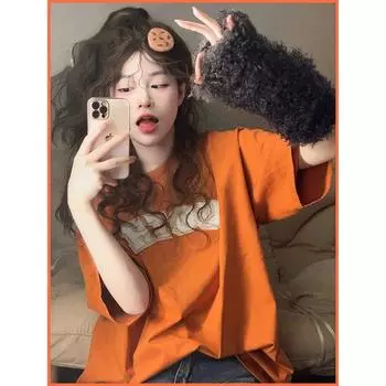 European Goods Big Brand Orange Short Sleeve T-Shirt Women s New Arrival Loose K-style Mid Length Long Length Pure Cotton Casual Tops 2024 Orange 2XL