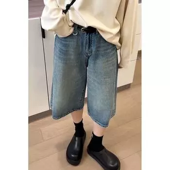 European Goods Blue Wide-Leg Denim Shorts Women s Spring Summer High Waist 2025 Small Loose Slim Looking 7 Points Straight-Leg Pants Blue M